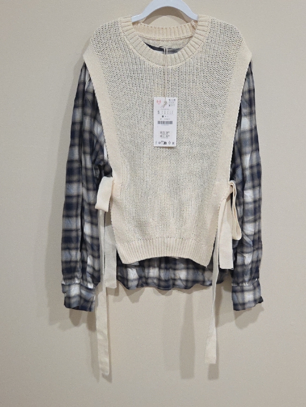 Zara Cream Open-Weave Knit Sweater with Plaid Shirt Trim